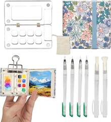 Juego de Paletas Portátiles de Acuarela, Paleta de Pintura de Viaje, Paleta Acrílica Transparente de 8 Paneles con Clip Pequeño, 6 Pinceles, Bolsa de Almacenaje (Sin Pigmentos) - 1 - Ver 7