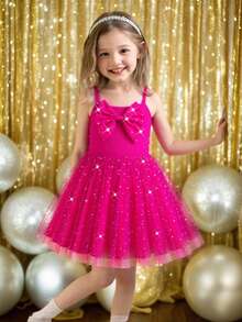 Young Girl Casual Striped Off-Shoulder Studded Bow A-Line Dress With Lining, Mesh Skirt, Suitable For Daily, Home, Outdoor, Street, Sports, Cute, Vacation, Summer - Hot Pink - View 2