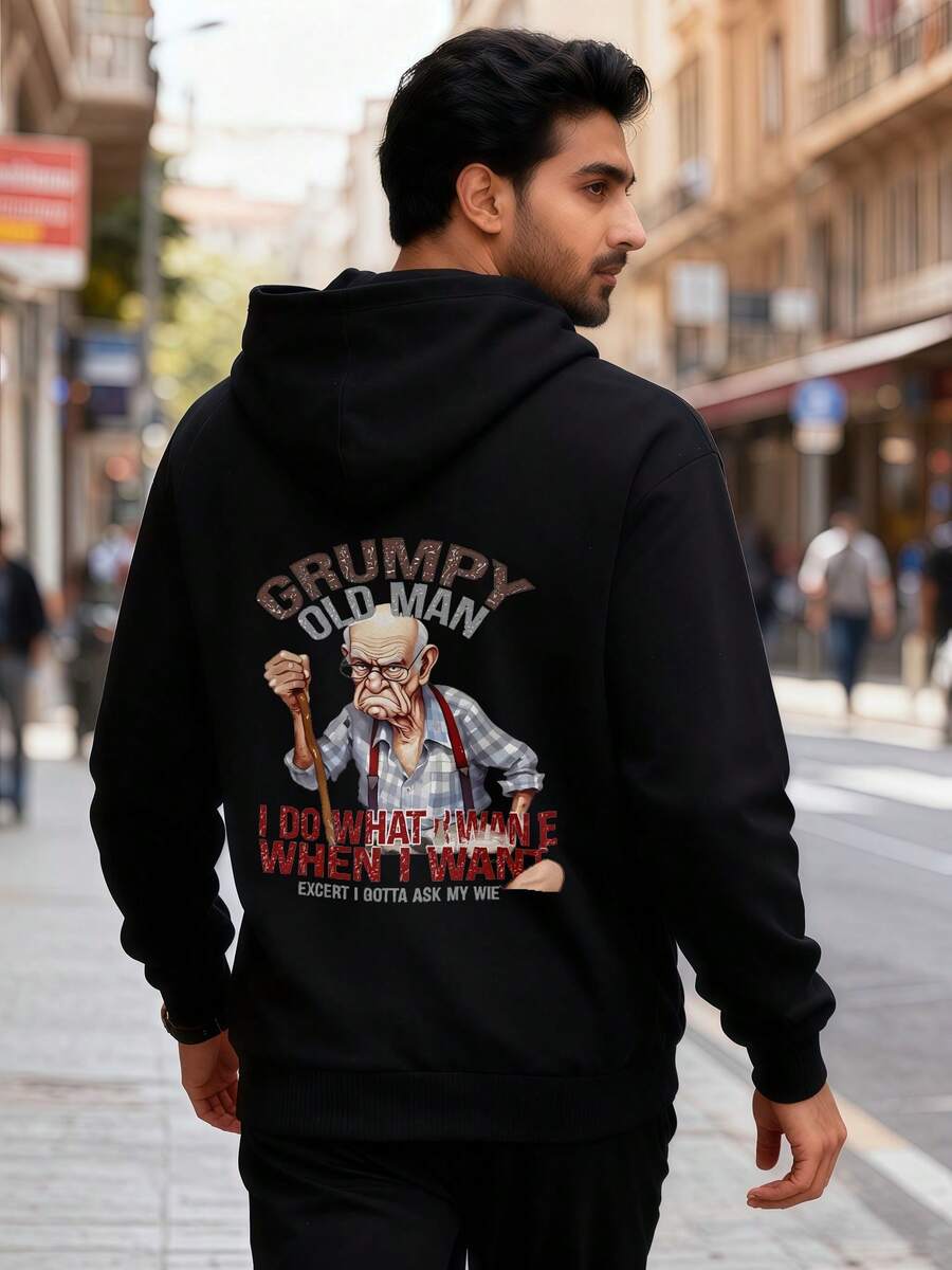 Felpa con cappuccio con grafica di uomo anziano - Testo stilizzato e illustrazione di un uomo più anziano, "Faccio ciò che voglio, quando voglio, tranne quando devo chiedere a mia moglie", felpa casual nera con stampa consumata, per amanti dell'umorismo e dei modelli - nero - Visualizzare 1