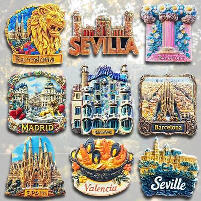 1/2 st kylskåpsmagneter i harts, souvenirer till Spanien - Barcelona Sagrada Familia, Valencia, Sevilla, Madrid, Paella, heminredning, kontor, ösemester, väggdekoration för sovrum, magnetiska klistermärken