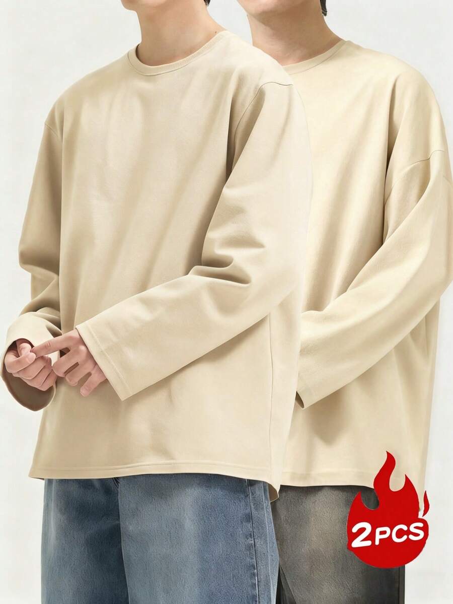 2pcs Men's Solid Color Crew Neck Casual Loose Fit Long Sleeve T-Shirts - Apricot - View 1