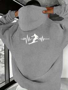 Sudadera con capucha para hombres - Pullover de invierno gris de color mixto (patrón de línea de esquiador y latido del corazón) - Ropa de clima frío de corte holgado, adecuada para esquí, senderismo, uso diario casual - Ropa de exterior lavable aáquina, conjunto de esquí, moda urbana, tela duradera, camiseta de manga larga, estilo de vida activo - Negro - Ver 2