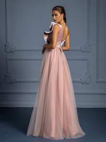 3D Floral Decor High Slit Mesh Long Bridesmaid Dress - Pink - View 2