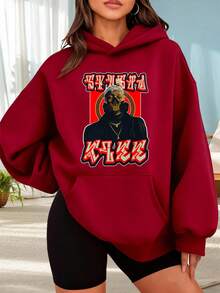 Fashionable Outdoor Hooded Sweater For Women. Black Hoodie With A Men's Image Print And Red Text. Urban Style For Casual And Sporty Wear. Perfect For Dates, Outings, And Holiday Gifts. - 酒紅色 - 查看 6