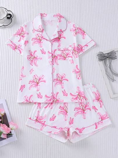 Marira 2pcs Floral & Butterfly Print Pajama Set For Women, Soft Fabric Short Sleeve Shirt With Collar & Button, Elastic Shorts, Fashionable Sleepwear Suitable For Outdoor, Party, Casual Wear, All Seasons