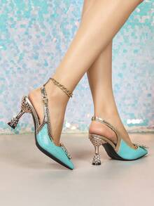 Mint Green Pointed Toe High Heels, Rhinestone Square Buckle Snake Skin Material Strap High Heel Sandals, Women's Party & Work Stiletto Heels - Cadet Blue - View 5