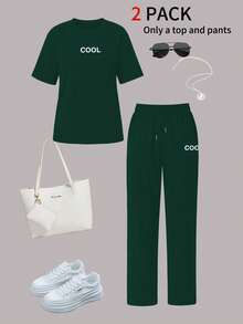 女士夏季两件套，包括一件印有个性化字母的圆领短袖T恤和一条高腰抽绳直筒裤。 - 墨綠色37 - 查看 3