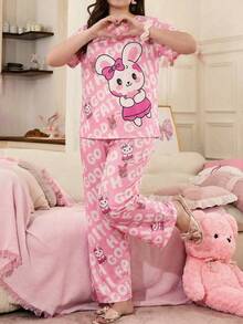 可爱兔子印花短袖上衣和长裤睡衣套装，粉色