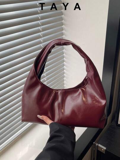 1pc Quilted Snap Button PU Solid Color Retro Soft Leather Dumpling Shoulder Bag, Fashionable Patchwork Underarm Bag, Crescent-Shaped Oiled Wax Leather Large Capacity Commuter Casual Tote Bag, Suitable For Office, Business, Dating, Shopping, Travel, Can Be Given As A Gift To Girlfriend Or Best Friend, For Women's Daily Use