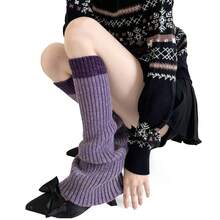 1 Pair Color-Block Knitted Sock Covers Autumn Winter Thick Mixed Color Versatile Calf Boot Covers Shark Pants Y2K Pile Wool Leg Covers - Black and Gray - View 1