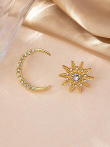 1 Pair Asymmetric Sun & Moon Design Rhinestone Stud Earrings, Fashionable & Elegant For Party, Banquet And Daily Wear - Yellow Gold - View 2
