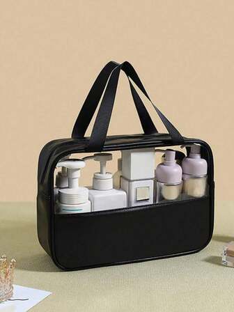1/3PCS Black PU Leather Clear Wash Bag With Zipper, Portable Waterproof Organizer Toiletry Travel Bag Large Capacity Multi-Function Transparency PVC Storage Makeup Bag For Bathroom Portable Swimming Fitness Bag Tropical Coastal Vibes Beach Bag For Men And Women