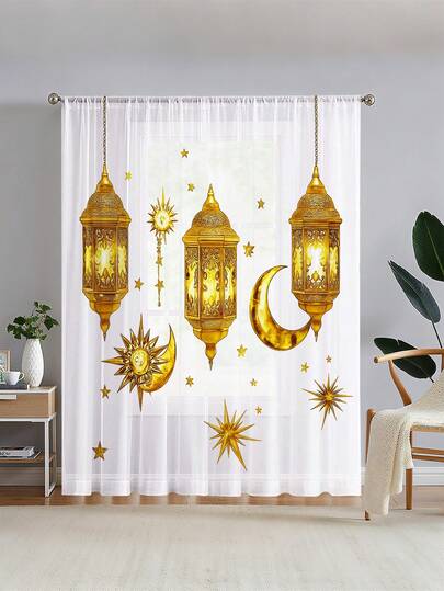 1pc Ramadan Gold Star & Moon Curtain, Arabic Style Bathroom Curtain, Translucent Mildew & Dust Proof Curtain, Creates Romantic Atmosphere, Home Window Decor