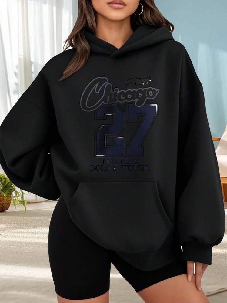 Suéter de moda con capucha para mujeres Sudadera con capucha negra con estampado Chicago 27 y texto No one is born a  para uso diario estilo casual urbano ideal para otoño invierno y actividades sociales Combinar  de citas fuera de casa, regalos de vacaciones La mejor opción para salir a una cita - Negro - Añade 6