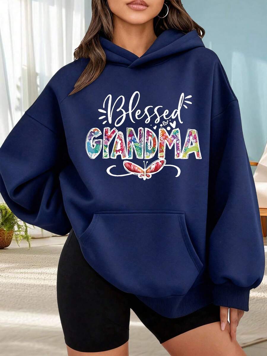Fashionable Outdoor Hooded Sweater For Women. Black Hoodie With Floral Print And "Grandma" Text, Ideal For Everyday Wear, Special Occasions, And Spring/Summer Season. Perfect For Dates, Outings, And Holiday Gifts. The Best Choice For A Date Night. - 藏蓝色 - 查看 1
