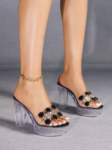 Tacchi a spillo alla moda europea e americana per hotel e night club, tacchi alti trasparenti in cristallo, scarpe da pole dance da passerella, tacchi sottili con suola in cristallo - nero - Visualizzare 1