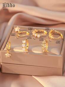 Hihho 6pcs/Set Luxury Elegant Minimalist Versatile Zirconia Inlaid Flower, Heart, Branch Designed Hoop Earrings Set, Suitable For Daily, Business, Formal, Anniversary, High-End Club Occasions - Multicolor - View 7