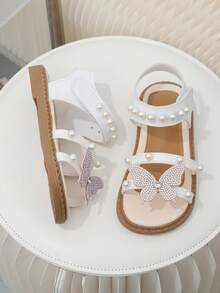 1 Pair White Children's Thick-Soled Sandals, White PU Straps With Crystal & Pearl Butterfly Decor, Design, Round Toe, Non-Slip, Fashionable & Cute, Suitable For Girls Aged 3-15 For Indoor, Outdoor, Daily, Beach, Spring/Summer