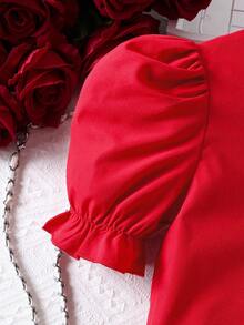 2pcs/Set Girls Elegant Puff Sleeve Round Neck Top And Casual Straight Leg Pants Outfit, Spring/Summer - Red - View 3