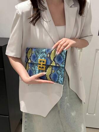 1pc Colorful Snake Skin PU Leather Flap Envelope Clutch Bag, Minimalist & Lightweight, Fashionable For Date, Party, Daily Use, Holiday Gift