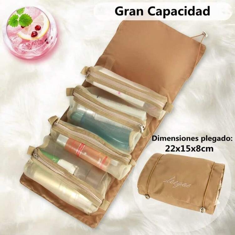 MX  Bolsa de Maquillaje Plegable de Viaje EnrollableBolsa de Cosmeticos 4 en 1 Desmontable Multifuncional Bolsa de Aseo de Viaje Enrollable para Mujer con 4 Bolsas Desmontables de Malla Colgante Marron - marrn - Añade 5