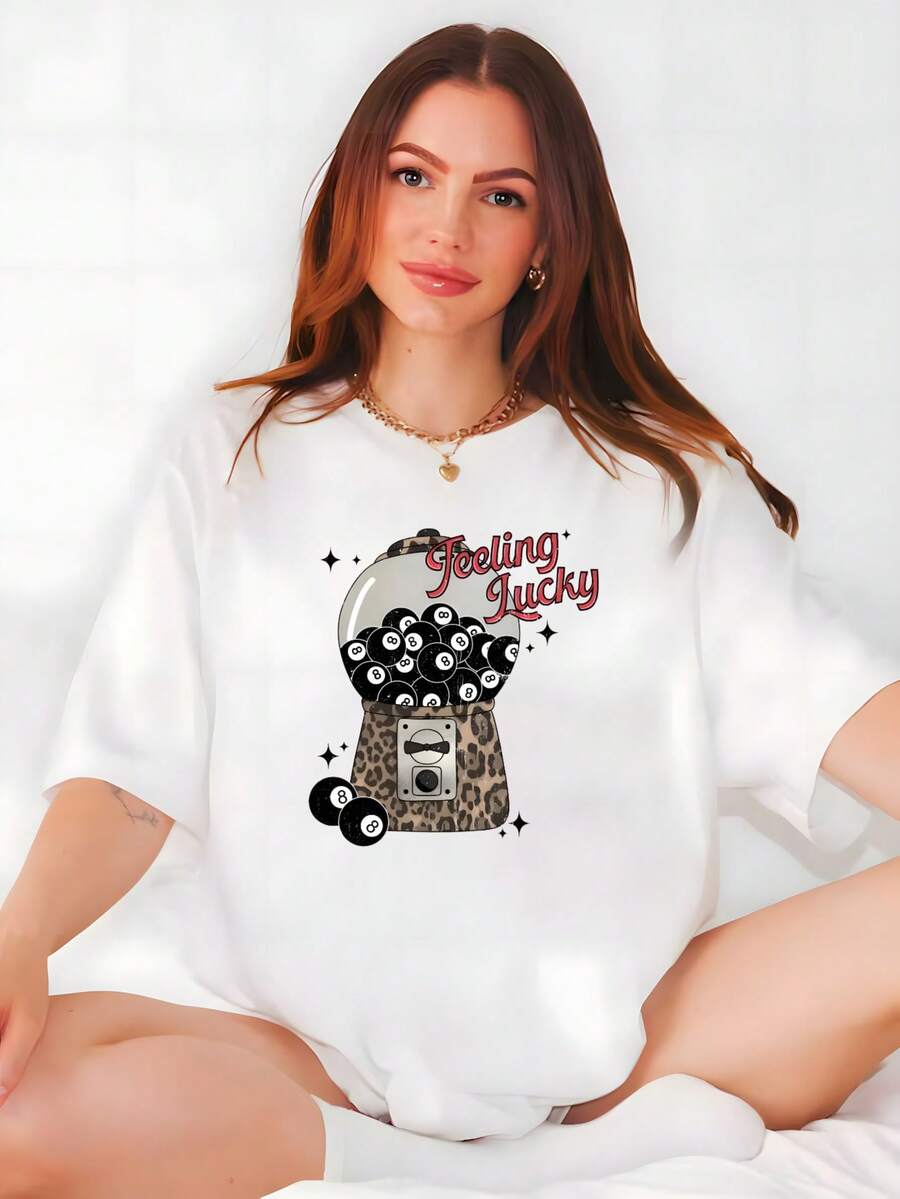 Feeling Lucky Shirt, 8 Ball Tee, Aesthetic Shirt, Lucky Shirt, Feeling Lucky Cherry 8 Ball Graphic Tee, Graphic Tees, Womens Tops, Women's Casual Sports T-Shirts, Halloween Costumes For Women, Comfortable Casual Summer Wear - 白色 - 查看 1