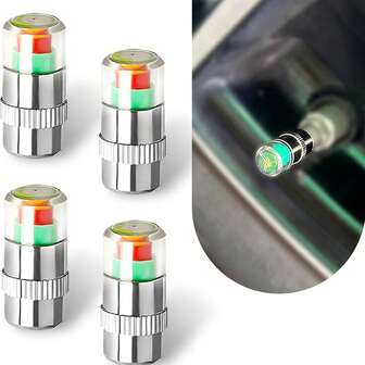 4-Piece Tire Pressure Monitoring Cap Set - Automotive & Motorcycle TPMS Valve Stem Warning Indicator