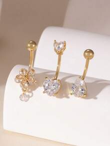 GEREIT 3pcs Sexy Stainless Steel Zirconia Heart, Flower, Bow Navel Piercing Rings Set For Women, Waterproof & Hypoallergenic - Gold - View 8