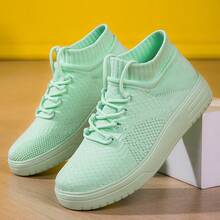 Zapatillas deportivas de mujer con cordones tipo calcetín, cómodas y suaves con puntera redonda para fitness, running y deportes - verde menta - Ver 9