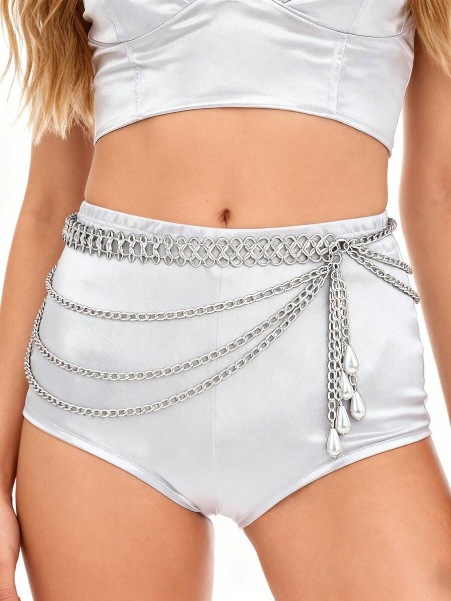 1PC Women's Retro Plus-Size Street Multi-Layer Figure-8 Chain Waist ChainPractical & VersatileMultiple Sizes AvailableSuitable For Daily Clothing Decoration, Weddings, Gatherings, As A Graduation Or Birthday Gift - Silver - View 1