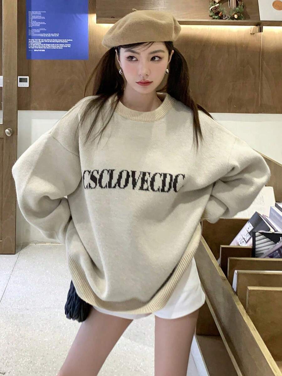 Autumn/Winter New Casual Loose Letter Knit Sweater Pullover Top - Apricot - View 1