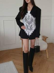 Women's Lace Patchwork V-Neck Long Sleeve Blazer Jacket, Suitable For Evening Date, Birthday Party, Formal Dinner, Autumn/Spring Black - Black - View 5