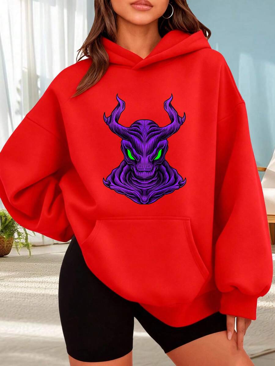 Fashionable Hooded Sweater For Women. Black Hoodie With Purple Dragon Print And Green Eyes. Fantasy Design For Women. Casual Urban Style For Everyday Wear. Perfect For Dates, Outings, And Holiday Gifts. The Best Choice For A Date. - 紅色 - 查看 1