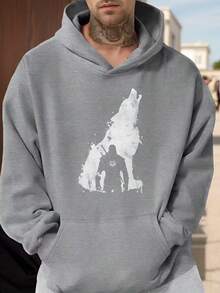 Sudadera con capucha gris con estampado de lobo aullando y figura humana diseño gráfico para hombres estilo urbano casual outdoor - Gris - Ver 6