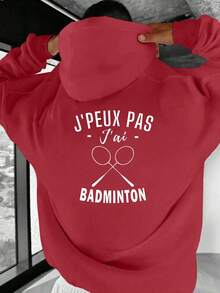 Sudadera con capucha impresa de tema francés para hombres con eslogan francés y patrón de bádminton - Sudadera casual negra y blanca, ajuste holgado para entusiastas del bádminton, frase francesa (J'PEUX PAS J'AÏ BADMINTON), lavable aáquina para otoño e invierno - Negro - Ver 3