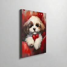 1件情人节墙画，可爱的西施犬幼犬与红色爱心，红色美学动物数字下载，可打印的小狗之爱，帆布艺术墙画，房间海报，家居装饰，房间装饰美学，房间装饰用品，卧室，客厅装饰，无框。 - 1pc - 查看 5