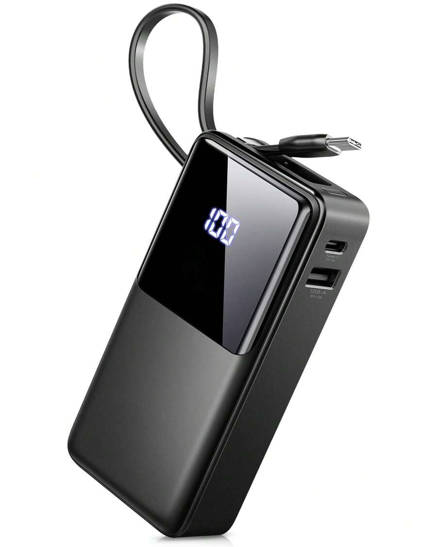 Ordtop Power Bank 10000 MAh, Power Bank USB-C Input & Output Small But Strong With Cable, External Battery Quick Charge Function (3.0A) External Mobile Phone Batteries Compatible Suitable For Winter Holiday Outdoor Travel/Camping And Emergency Backup Mobile Power Supply Gifts For Family, Friends, Birthday Holiday Outdoor Camping Gifts Birthday Portable Charger Power Display - màu đen - Xem 1