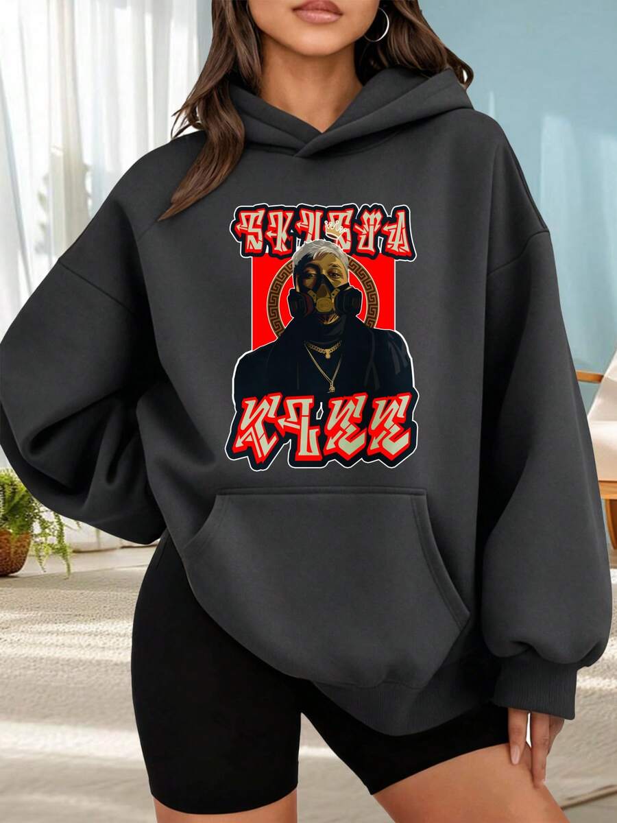 Fashionable Outdoor Hooded Sweater For Women. Black Hoodie With A Men's Image Print And Red Text. Urban Style For Casual And Sporty Wear. Perfect For Dates, Outings, And Holiday Gifts. - 深灰色 - 查看 1