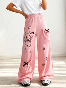 Quần ống đứng dáng rộng cho bé gái, màu xám nhạt với họa tiết mèo và sao dễ thương, chất vải mềm mại và thoải mái, thiết kế túi nơ, thích hợp cho mùa xuân, hè, thu, đông. - Hồng - Xem 5