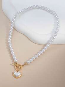 1pc Vintage Elegant Romantic Faux Pearl Heart Pendant Necklace, Gift For Girlfriend - Multicolor 3 - View 2