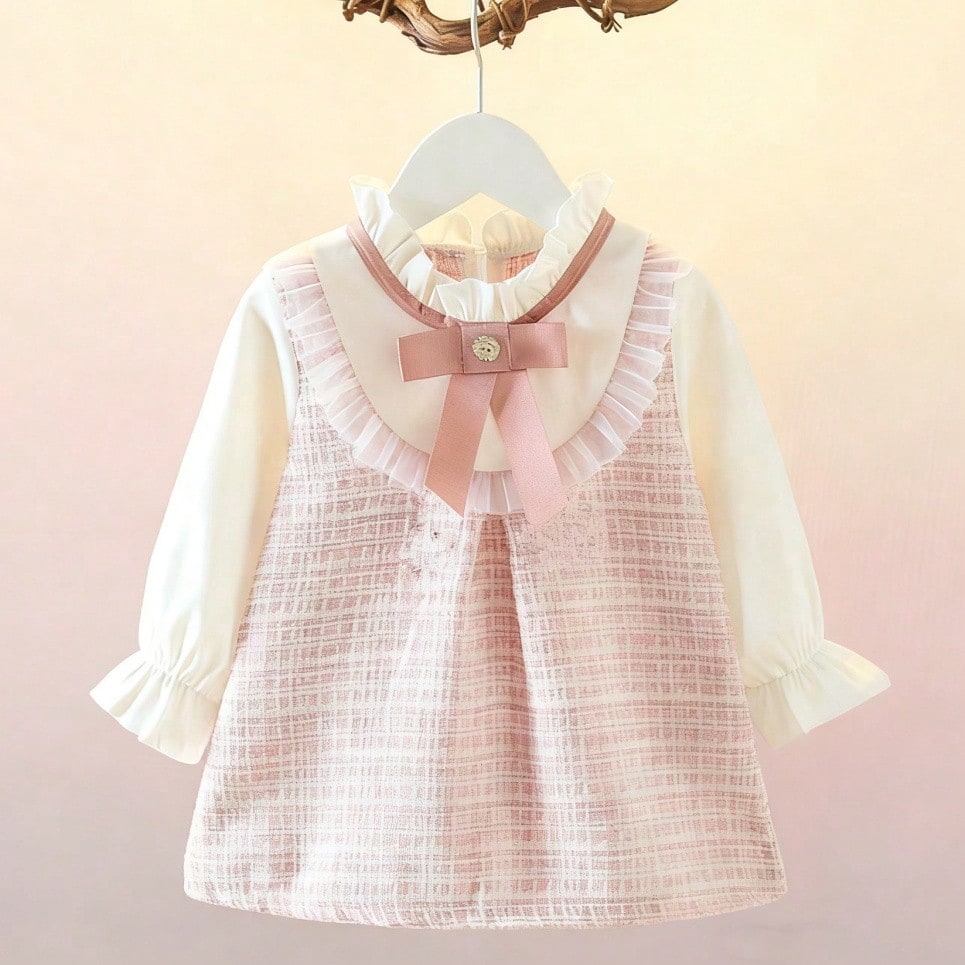 Vestido largo de manga larga con mezcla de cuadros decorado con lazo encantador para niña joven de primavera/otoño