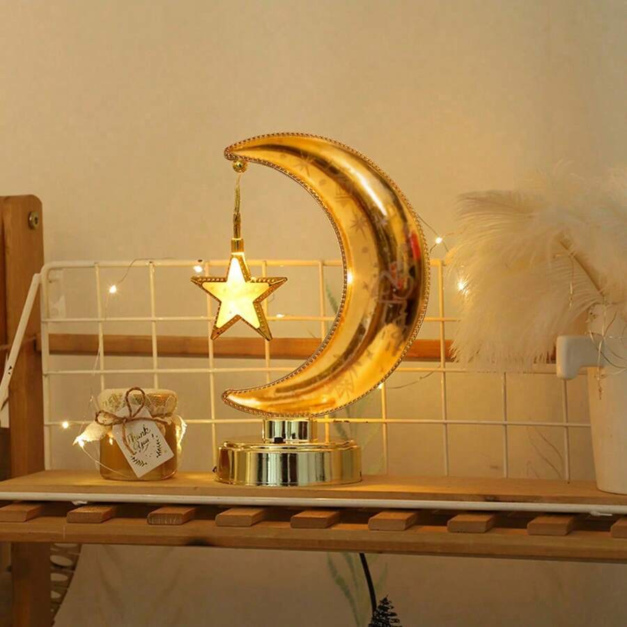 Uma luminária dourada em formato de lua para o Ramadã, uma luminária decorativa para uma noite estrelada durante o Ramadã, adequada para decoração externa de casa, quarto e para criar um ambiente festivo durante o Eid Al Fitr (pilhas não incluídas).