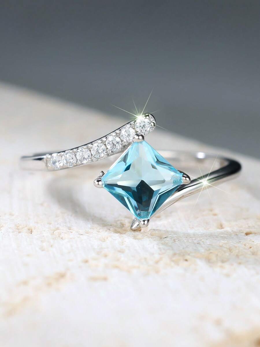 925 Sterling Silver Princess Cut Aquamarine Cubic Zirconia Ring, Engagement/Wedding/Anniversary/Birthday Gift, Luxury Jewelry - Baby Blue - View 1