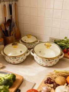 3pcs Thickened Enamel Coated Cookware Set, Includes Dual-Handled Pot With Lid, Stew Pot, Soup Pot, Noodle Pot, Mini Hot Pot, Suitable For Cooking Porridge, Milk, Stewing, Gas Stove And Induction Cooktop