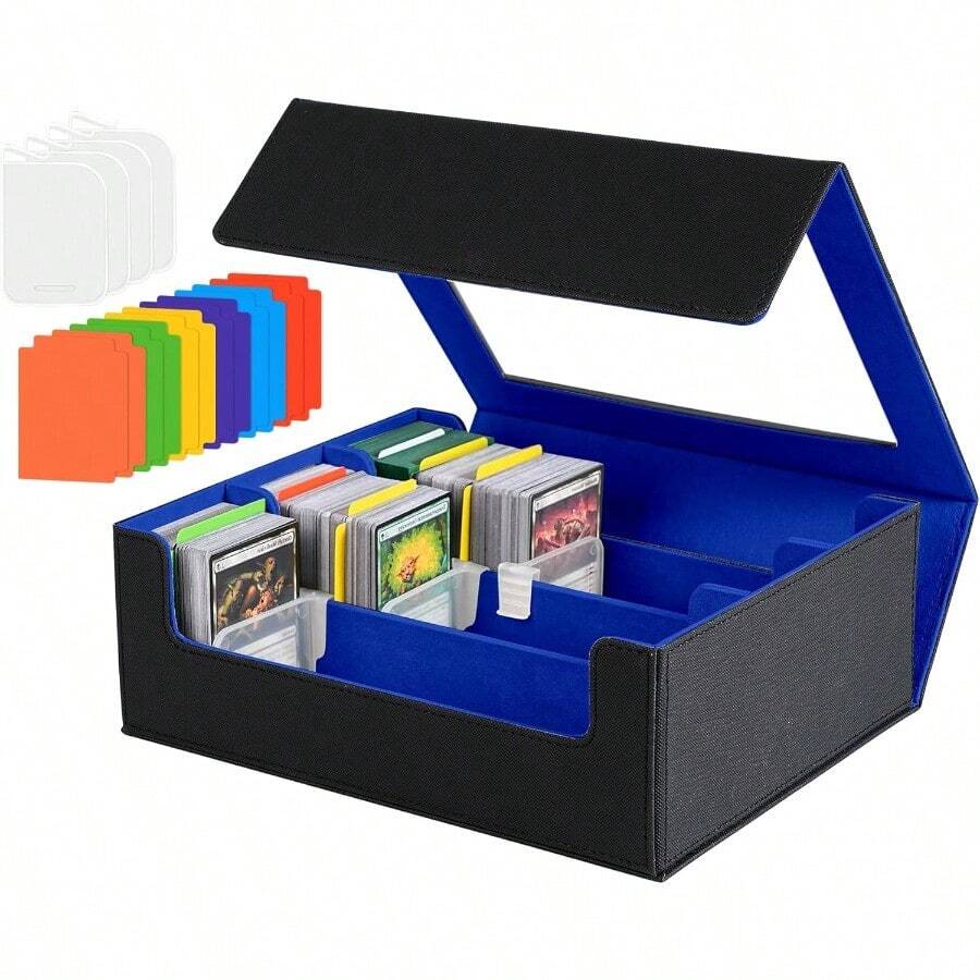 WSXC Trading Card Storage Box - 2400+ Commander Card Deck Case With See-Through Display Top For YuGiOh TCG PTCG MTG Box With 12 Dividers 4 Supporters Black And Blue - Blue - View 1