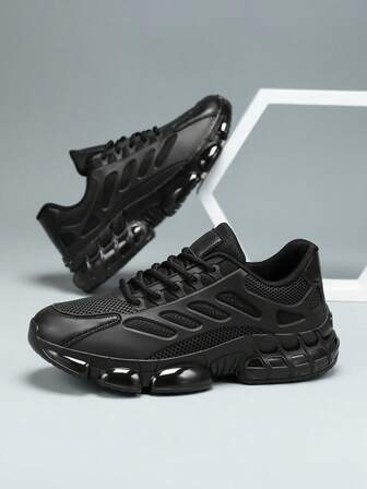 Zapatillas casuales para hombres, minimalistas de color negro sólido, de moda versátiles de corte bajo con cordones, cómodas y ligeras para uso casual, de material de gel de gelatina y malla, adecuadas para entrenamiento físico, transporte diario, ocio al aire libre, todo el año