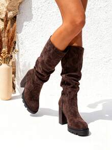 Bottes hautes à talons épais pour femmes KESCA - Élégance et confort en avant, bottes d'automne et d'hiver pour femmes de haute qualité avec talons épais et bottes hautes à fermeture éclair latérale, bottes longues confortables pour femmes en automne et en hiver, style élégant et moderne, idéales pour toutes les occasions - Marron-23073-19 - Voir 4