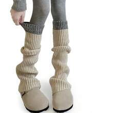 1 Pair Color-Block Knitted Sock Covers Autumn Winter Thick Mixed Color Versatile Calf Boot Covers Shark Pants Y2K Pile Wool Leg Covers - Black and Gray - View 4