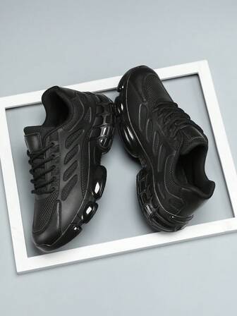 Zapatillas casuales para hombres, minimalistas de color negro sólido, de moda versátiles de corte bajo con cordones, cómodas y ligeras para uso casual, de material de gel de gelatina y malla, adecuadas para entrenamiento físico, transporte diario, ocio al aire libre, todo el año