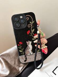 卡通猫咪彩绘镂空黑色草莓图案腕带简约时尚创意防摔手机壳，兼容 17/17Pro/17ProMax/16/11/16Pro/16Plus/16ProMax/16E/15ProMax/13/14/12/XS/XR/7G/8P，兼容三星Galaxy S25/S25Plus/S25 Ultra/A16/A36/A26/A56/A50/A12/A32
